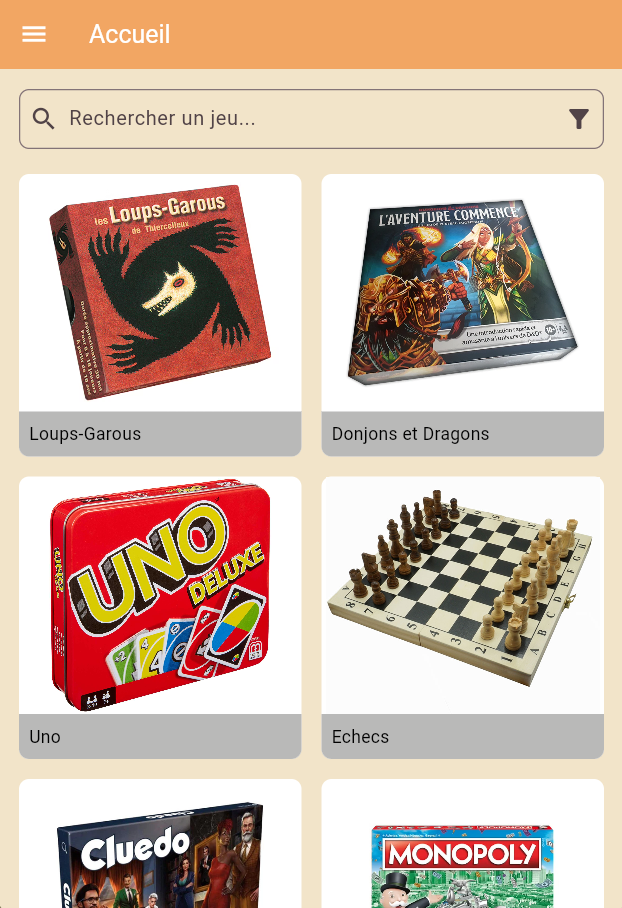 page d'accueil de l'application mobile