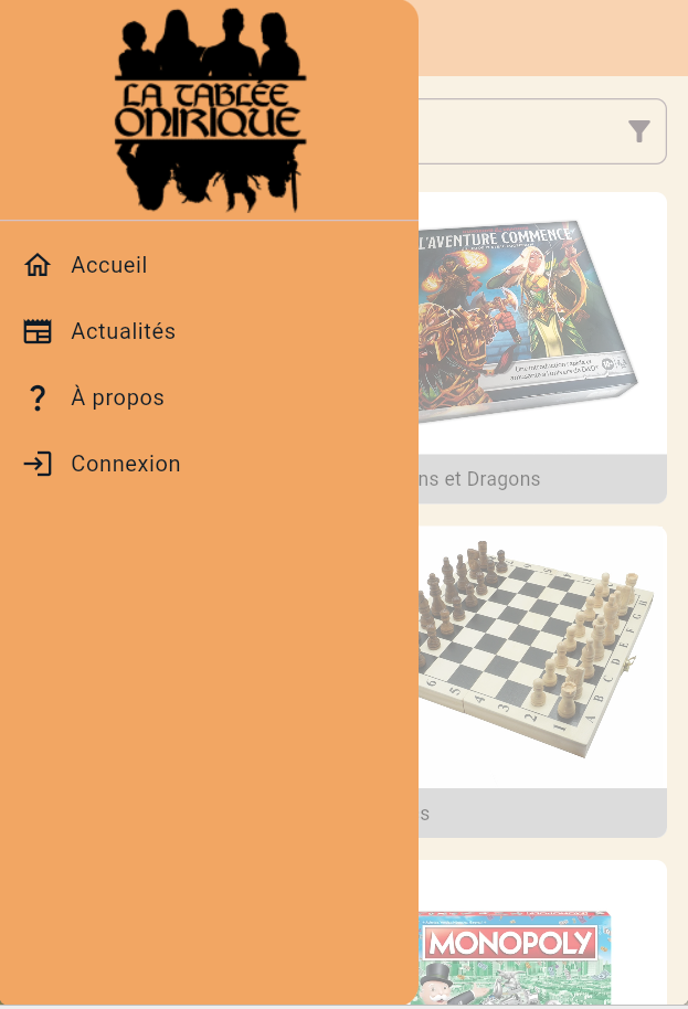 menu de l'application mobile